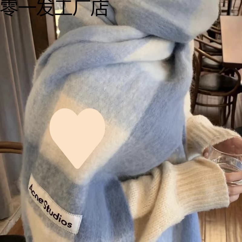 Autumn/Winter New Thickened Warm Rainbow Plaid Scarf with European/American Loop Yarn and Chunky Tassel Color-block Shawl