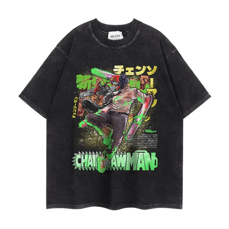 Summer New Washed Vintage American Streetwear Short Sleeve T-Shirt Chainsaw Man Anime Loose Retro Top