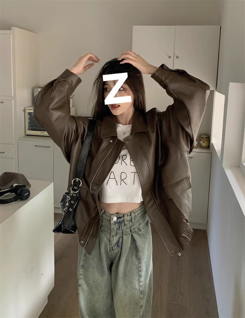 Maillard Brown Motorcycle Leather Jacket for Women 2026 New Spring Autumn American Retro Windproof PU Jacket Coat Trendy