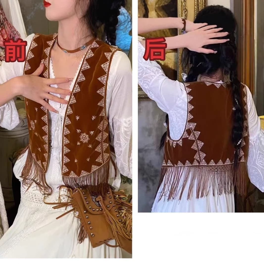 Ethnic style retro suede vest for women with embroidery matching skirt jacket bohemian tassel cardigan