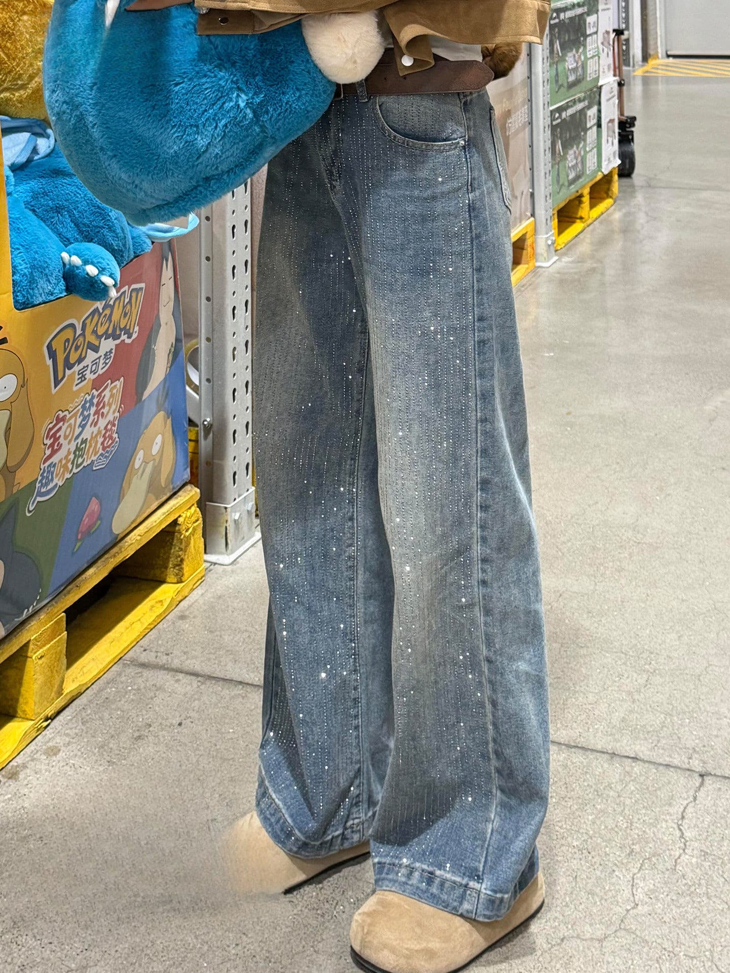 Paris Rhinestone Flared Wide-Leg Jeans for Women 2026 Spring Loose High-Waist Slimming Straight-Leg Sparkly Denim Pants