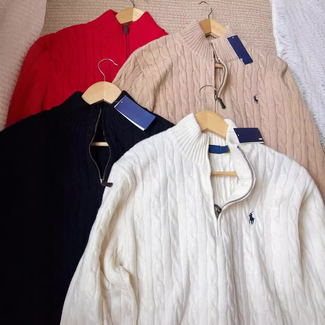 High-quality 90% wool and 10% cashmere thick winter sweater for men, half-zip polo collar sweater.