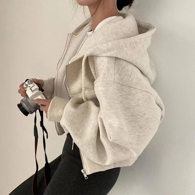 Zip-up Hooded Long Sleeve Sweatshirt Loose Casual Simple Trendy Versatile Solid Color Fashionable Relaxed Fit Coat Wholesale