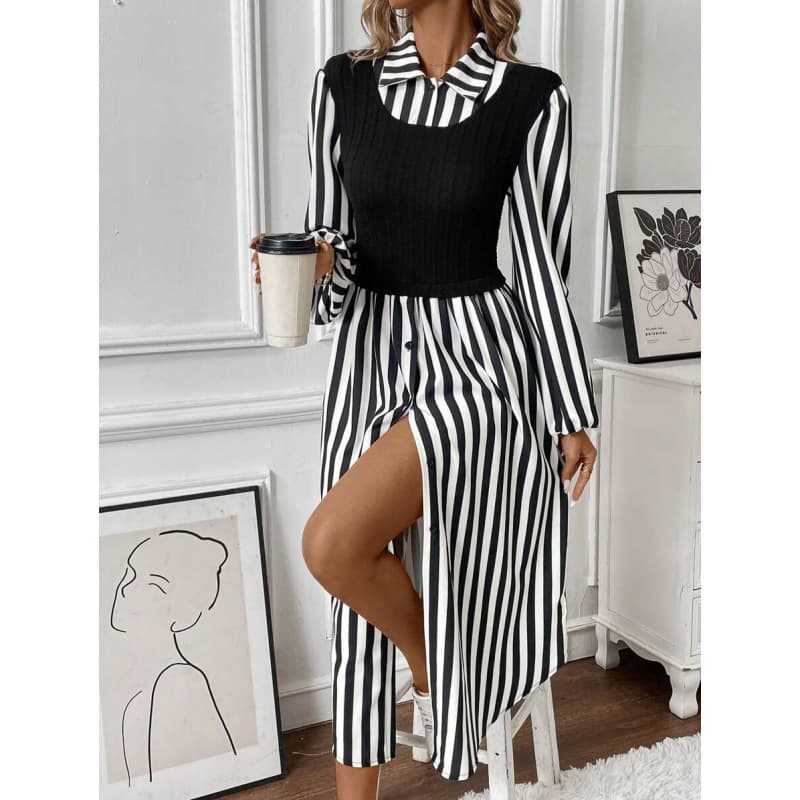 AliExpress Autumn New Foreign Trade Women Dresses Casual Black and White Striped Shirt Dress Spring/Autumn