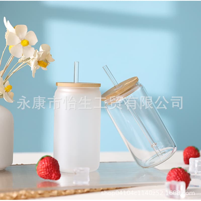 Bamboo lid glass high borosilicate single layer frosted straw cup personalized sublimation student mason cup manufacturer wholesale