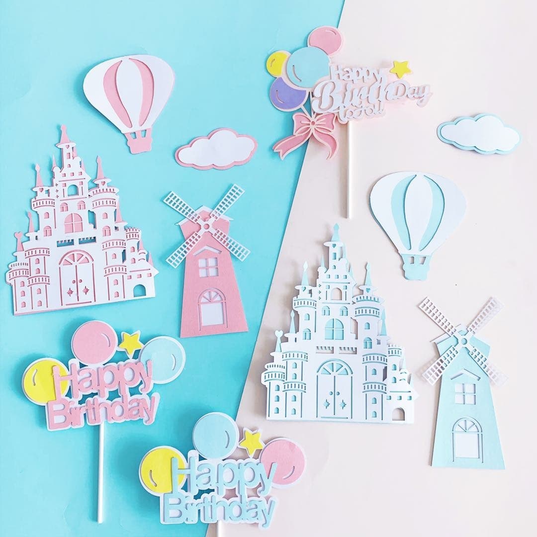 Internet celebrity windmill castle balloon cake decoration plug-in baby and children's first birthday happy baking ornaments flag