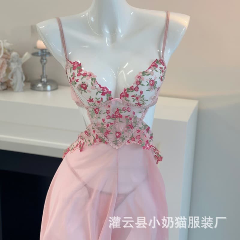 Sexy Lingerie Lace Embroidery Mesh Slip Dress Sweet Pure Hollow Deep V See-Through Floral Spaghetti Strap Dress Wholesale