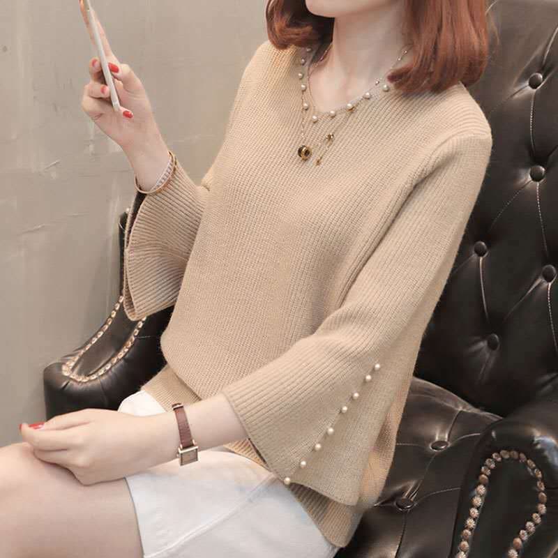 2026 Spring and Autumn New Women's Loose Solid Color Pullover Sweater, Bell Sleeve Beaded Long Sleeve Knitted Base Layer Top for Women