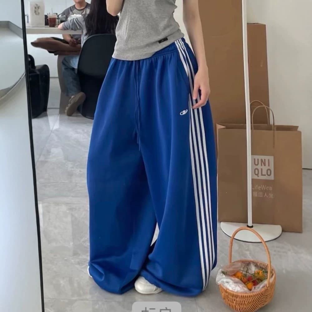 American-Style Loose Embroidered Striped Casual Pants Unisex Spring and Summer High-Waisted Drapey Straight-Leg Sports Wide-Leg Pants
