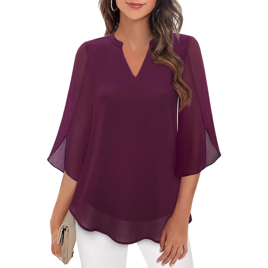 2025 Cross-Border Amazon Casual Summer New European & American Women's Petal Sleeve Top Loose V-Neck Chiffon Blouse