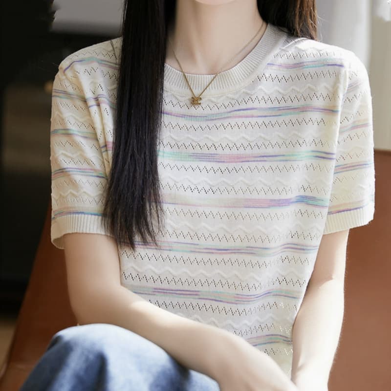 Silk Rainbow Stripe Knit Top for Women 2025 Summer New Round Neck Loose Regular Shoulder Tencel Blouse Ice Silk T-Shirt
