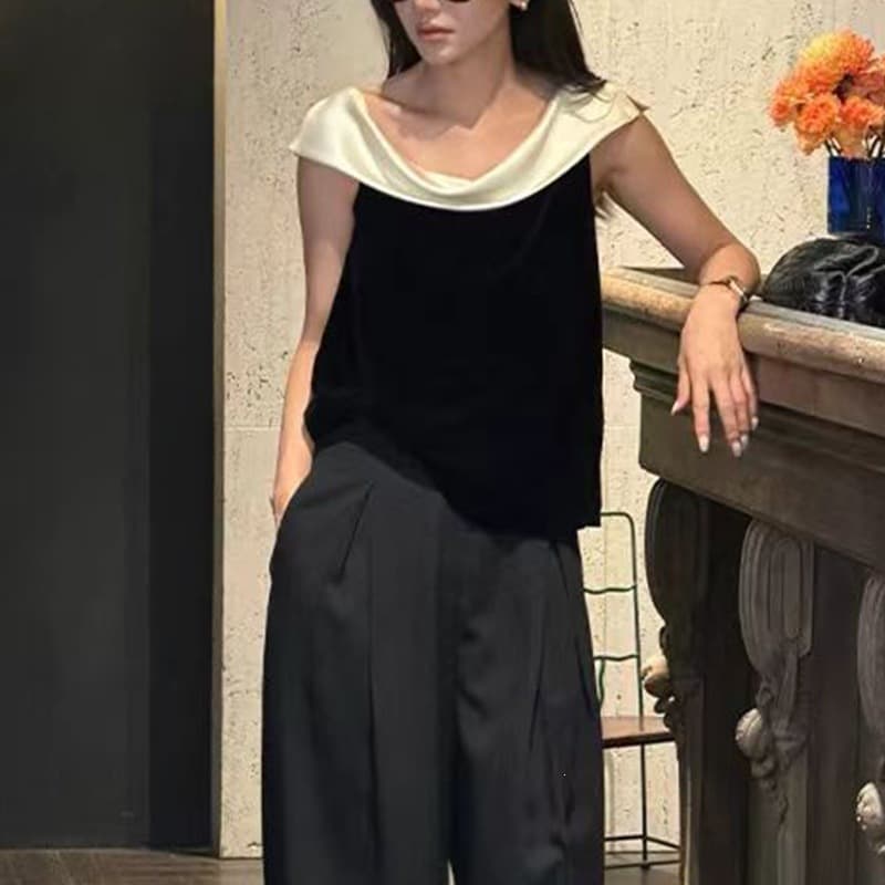 In Stock Summer Dark Black Patchwork Silk Velvet Slim Fit Flattering H-Shape Vest 2026