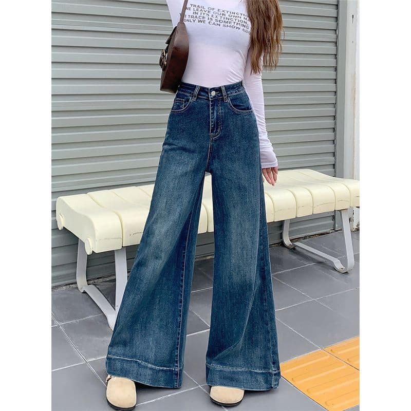 Blue Wide-Leg Jeans for Women, Spring/Autumn American Retro High-Waist Slimming Petite Loose Straight-Leg Flowing Floor-Length Pants