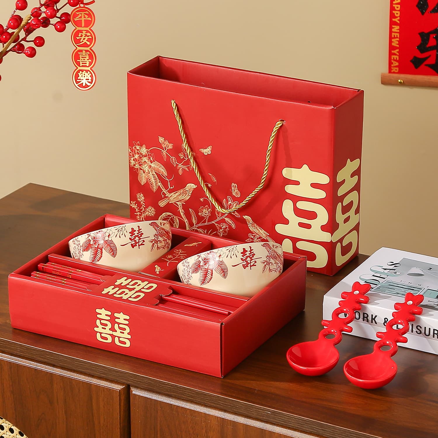 Double Happiness Ceramic Bowl Wedding Souvenir Gift Wedding Banquet Birthday Banquet Gift High-End Wedding Bowl High-Quality Newlywed Return Gift