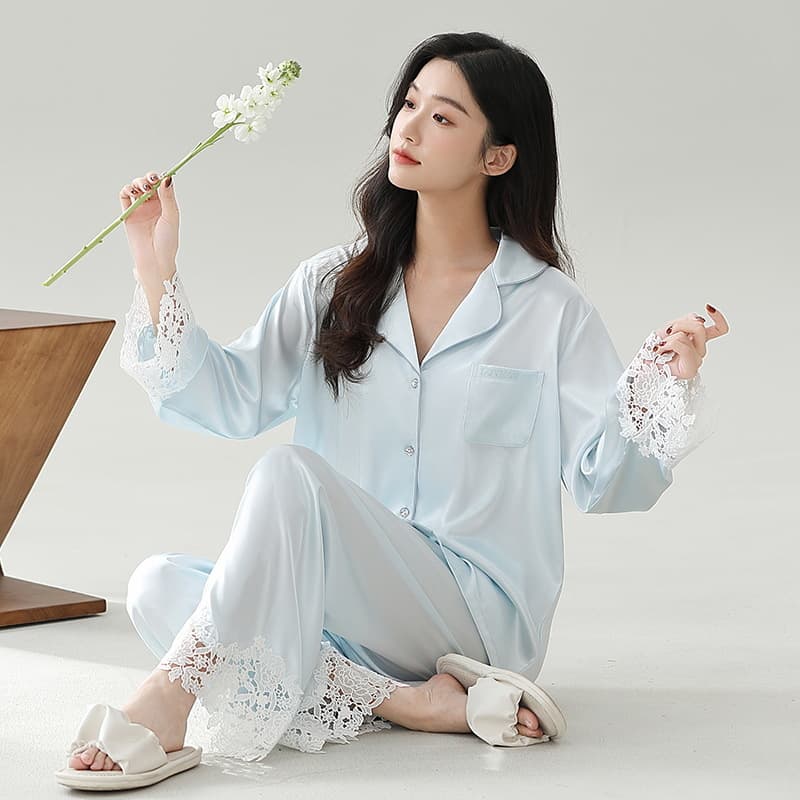 2026 Luhao Spring and Autumn Lace Hollow Out Set Ice Silk Pajamas French Long Sleeve Solid Color Homewear Set Can Be Embroidered
