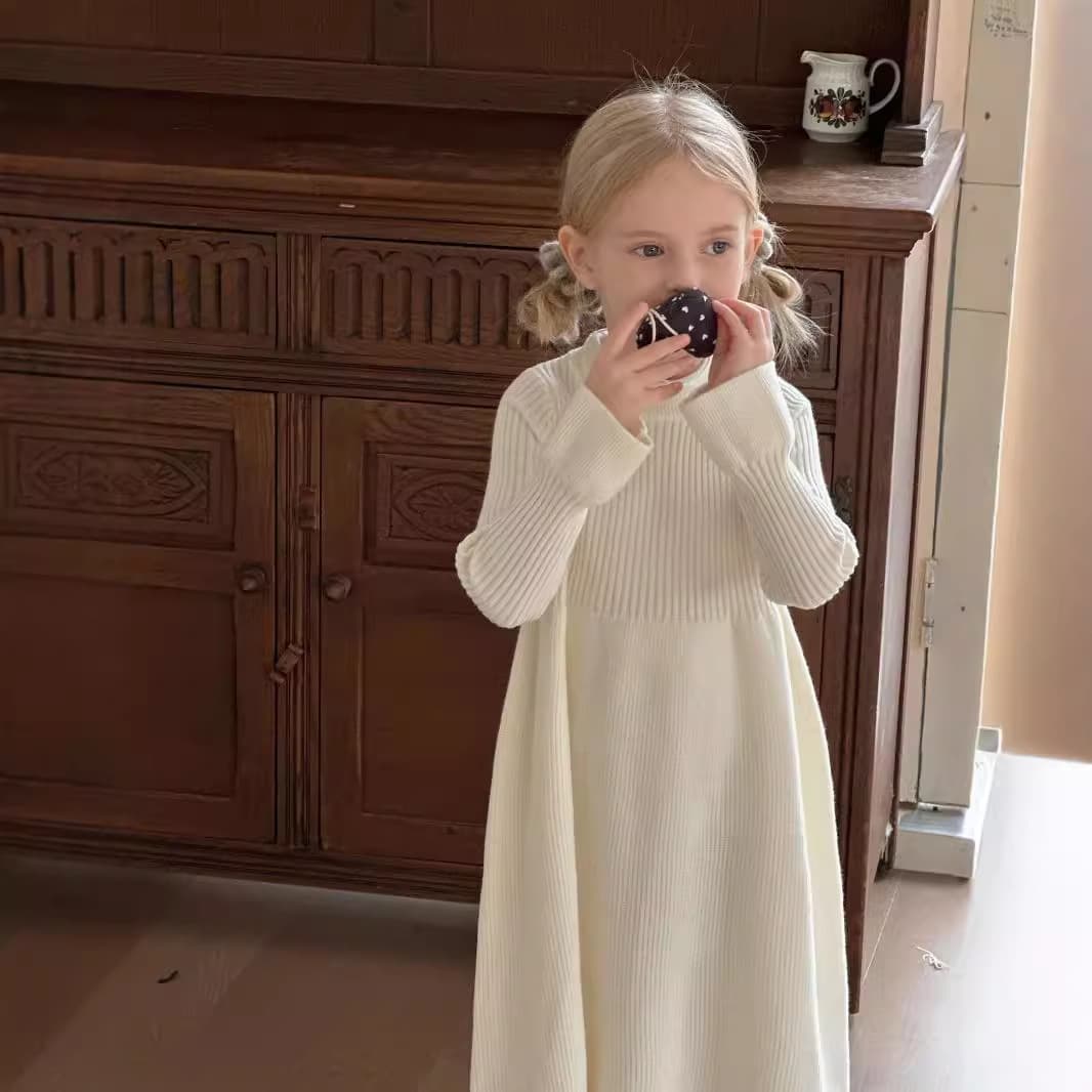 Girls' Dress 2025 Spring/Autumn New Korean Style Children Solid Color Knit Princess Dress Baby Midi Wool Dress