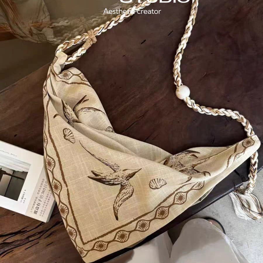 Bird print linen tote bag 2026 new summer woven tassel triangle bag high-quality texture single shoulder crossbody bag
