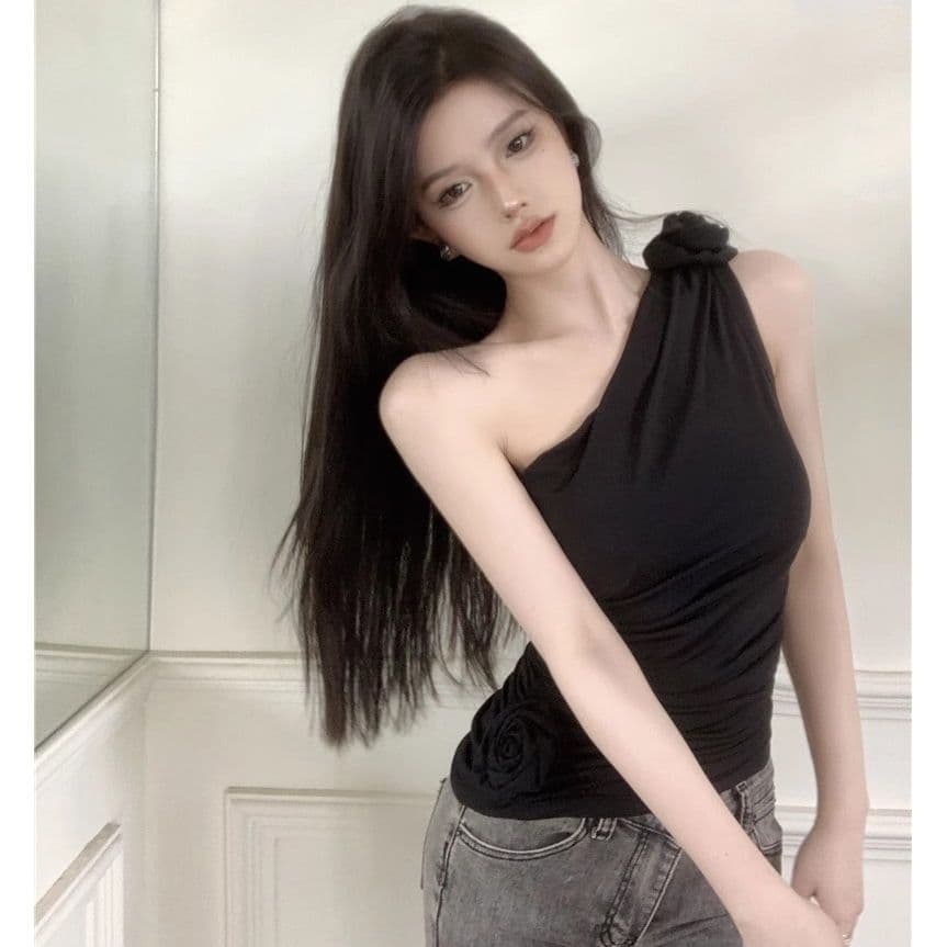 3D Floral Strap Camisole Top for Women Summer One-Shoulder Design French Sweet Spicy Sexy Short Outerwear