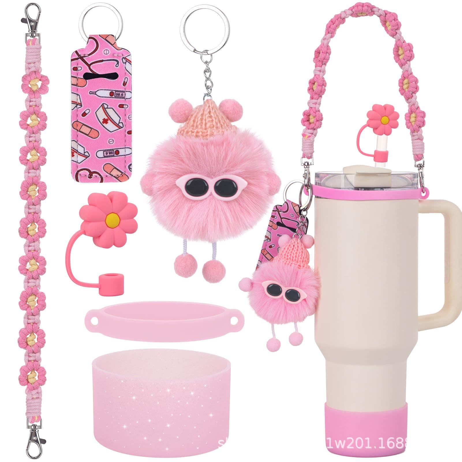 6-Piece Stanley Cup Charm Set with Daisy Strap, Hand Strap, Lipstick Holder, Coal Sprite Pom Pom Glitter Cup Sleeve