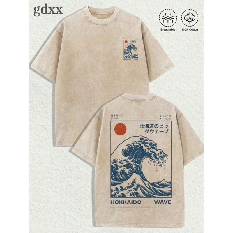 230G European size pure cotton Plus-Size Vintage Washed T-Shirt, Great Wave Hok