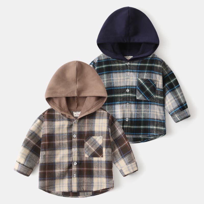 Autumn children's long-sleeved shirt, Korean style, boys' hooded plaid shirt, baby top, drop shipping.