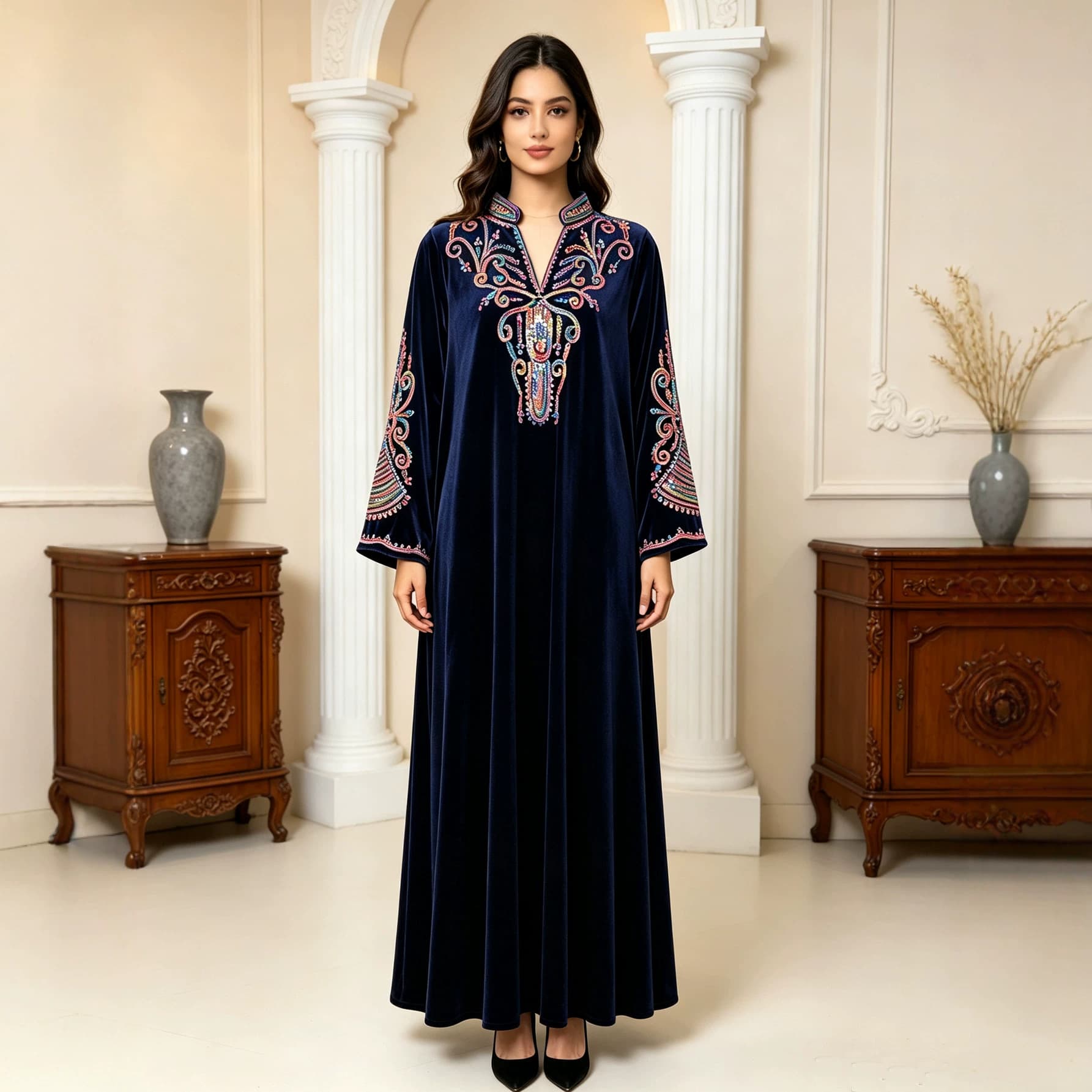 Cross-Border Best-Selling Women's Amazon Embroidered Cover-Up Robe Ethnic Fashion Elegant Dress Sequin Applique Stand Collar Long Gown