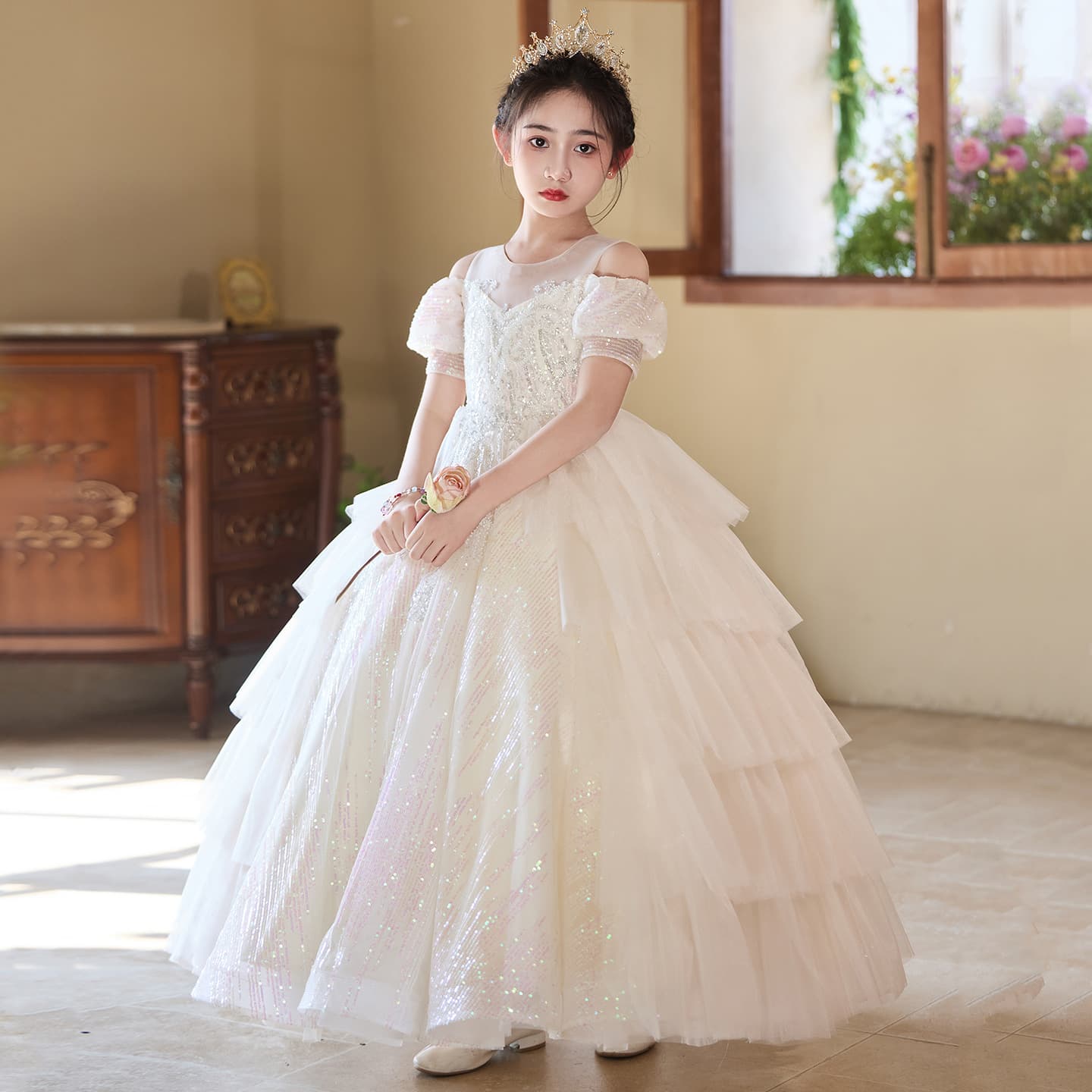Girls' Dress, Light Luxury, Niche, High-End Birthday Princess Dress, Children's Host Dress, Flower Girl Wedding Dress, Piano Performance Dress, Runway Dress