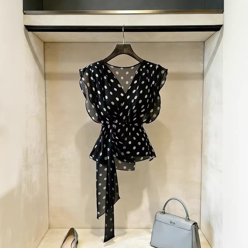 French Polka Dot V-Neck Premium Mesh Sleeveless Blouse Women Summer Tie Strap Flutter Sleeve Chiffon Vest Black Top