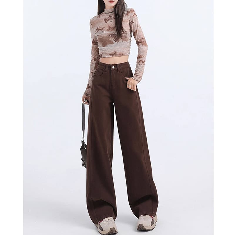 Brown Wide-Leg Jeans for Women Spring Summer New High-Waist Maillard Plus Size Loose Straight-Leg Flowing Floor-Length Pants