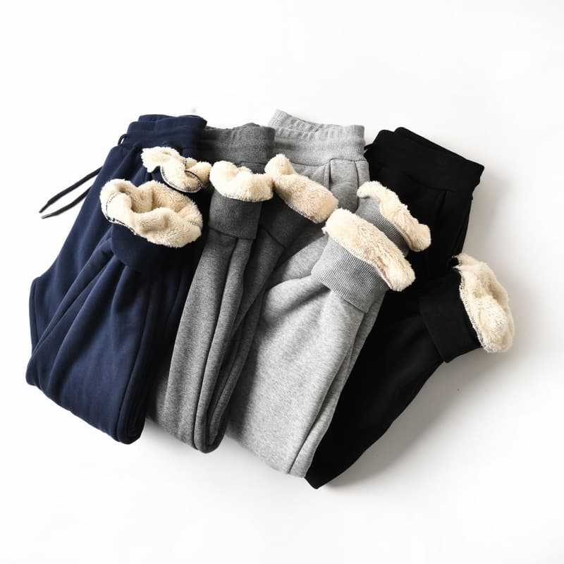 Men's Winter 0950 Slim-fit Fleece-lined Solid Color Sweatpants with Cuffed Ankles for Daily Export Orders in Foreign Trade