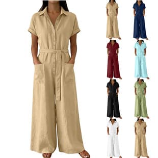 Amazon EU US New Women's Loose Drawstring Linen Wide Leg Jumpsuit