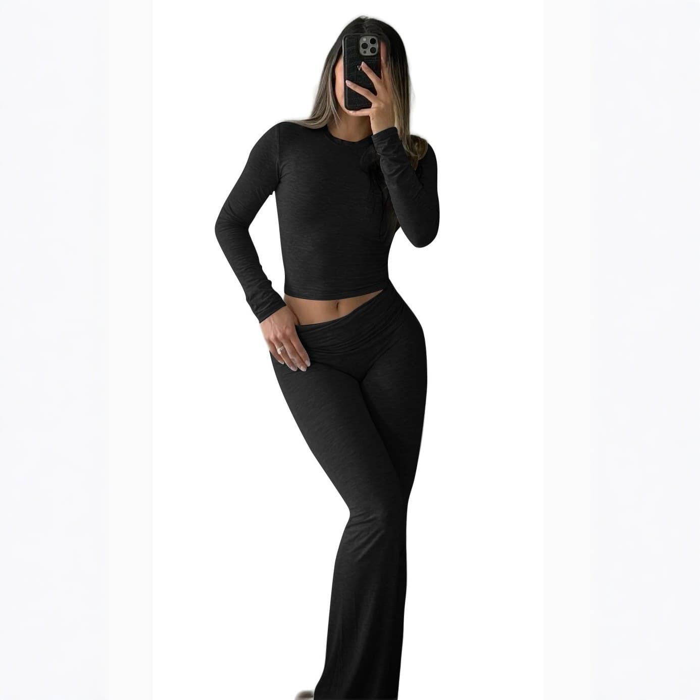Women's Casual Workout Two-Piece Set: Round Neck Long Sleeve Low-Waist Flared Pants Sportswear Suit Wholesale