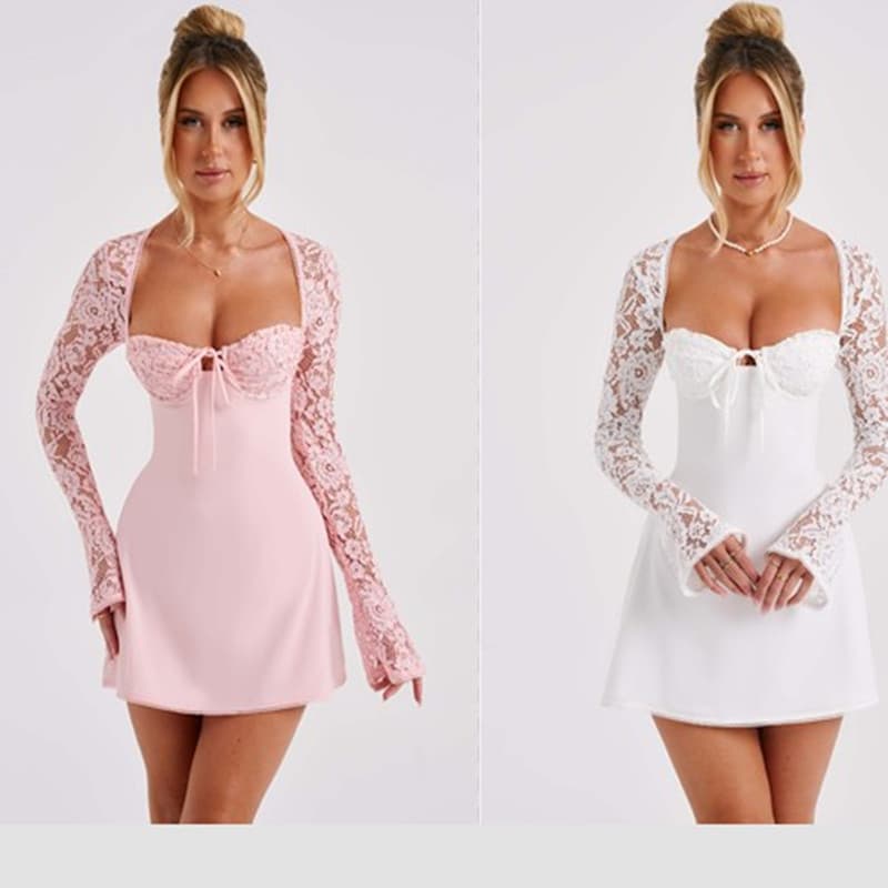 New Fall/Winter European and American Sexy Lace Long Sleeve Dress with Open Back and Tie