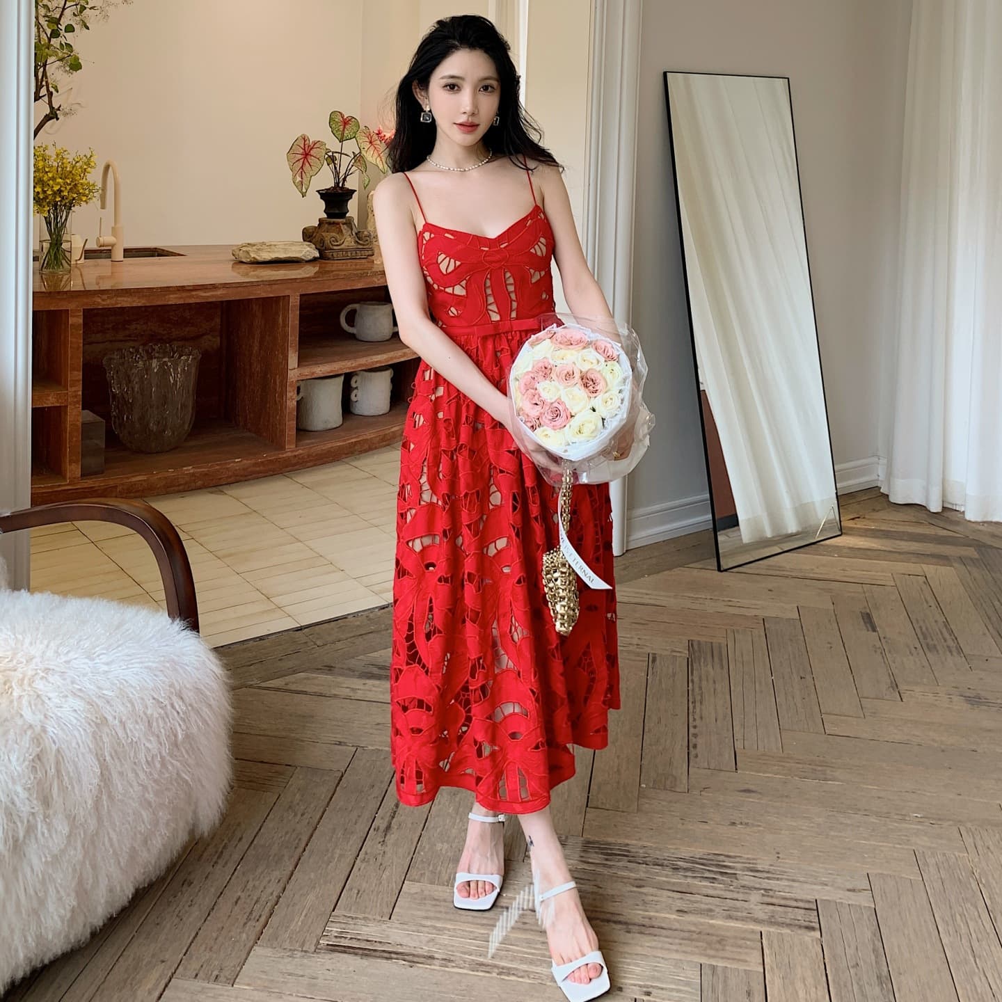 Vacation French Vintage Style Cotton Laser Embroidered Camisole Dress High Waist Sexy Long Dress Red White