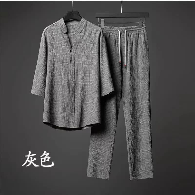 Ethnic Style Summer Thin Half Sleeve Casual Ice Silk Suit Men's Two-Piece Set Plus Size Loose Middle Sleeve T-Shirt Sport