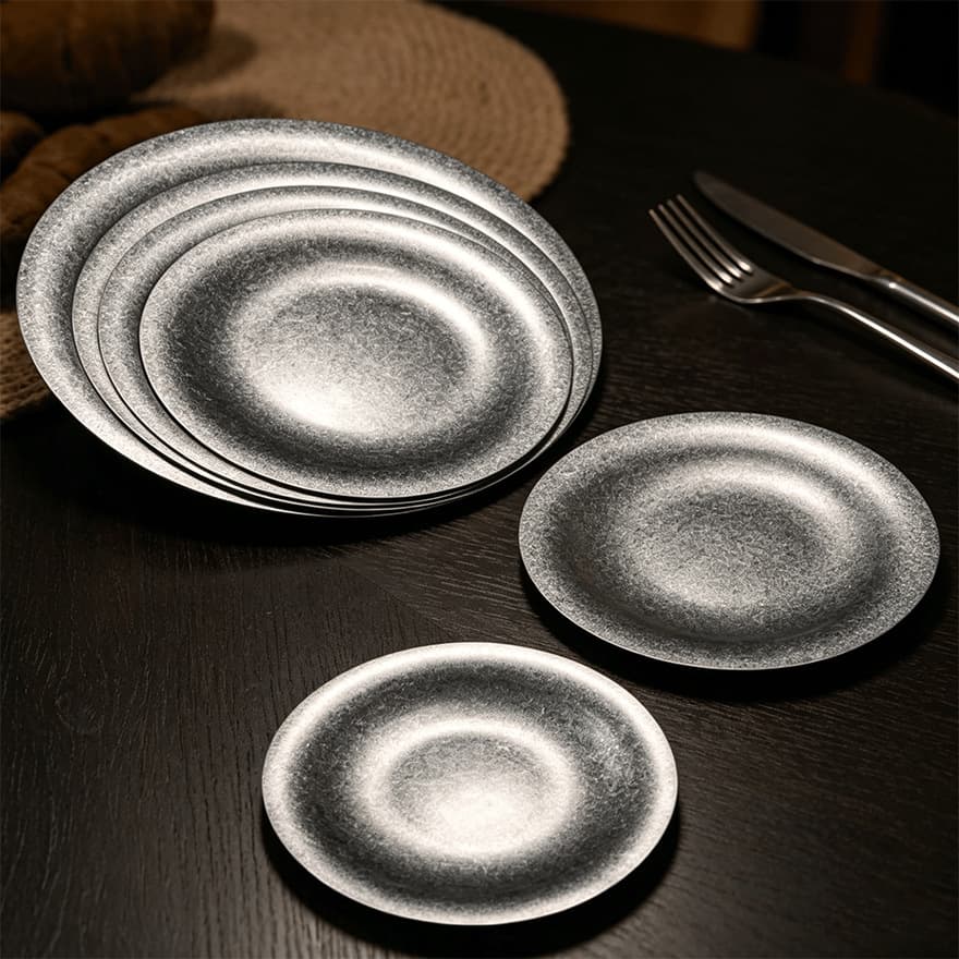 Retro Stainless Steel Round Plate American Style Dinner Plate Industrial Vintage Tray Flat Shallow Plate Dessert Plate Bone Dish