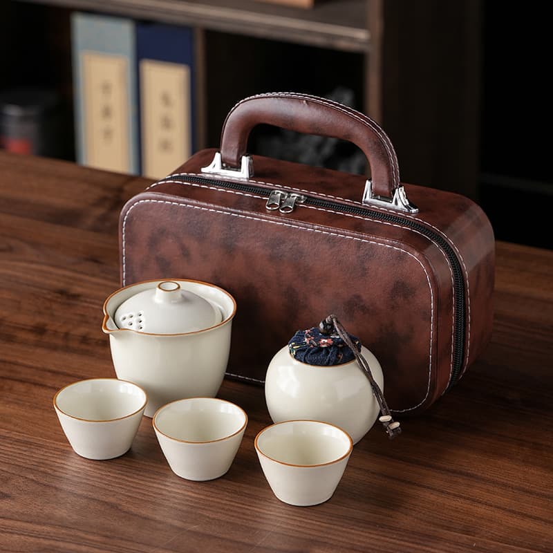 Ru Kiln Travel Tea Set, Portable Ceramic Quick Cup with One Pot and Three Cups, Corporate Event Dragon Boat Festival Souvenir