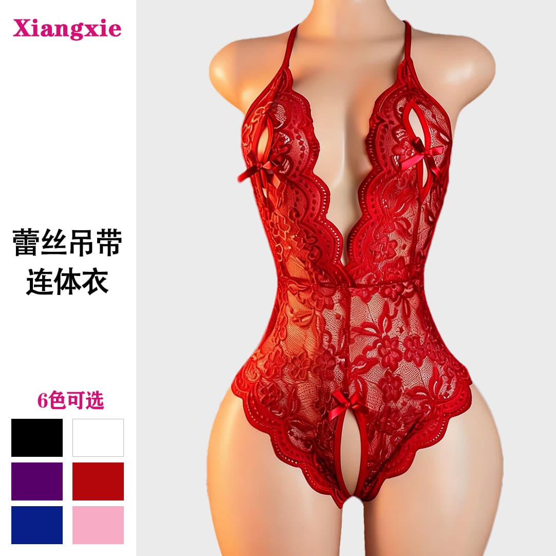 Champs sexy lingerie European and American cross-border large size open crotch free jumpsuit lace tight sexy hollow suit