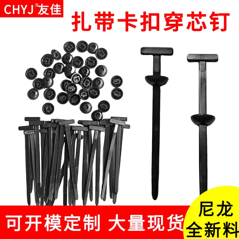 Multi-functional cable tie with through-core pin, for cars and electric vehicles, plastic buckle pin-type bundling tie