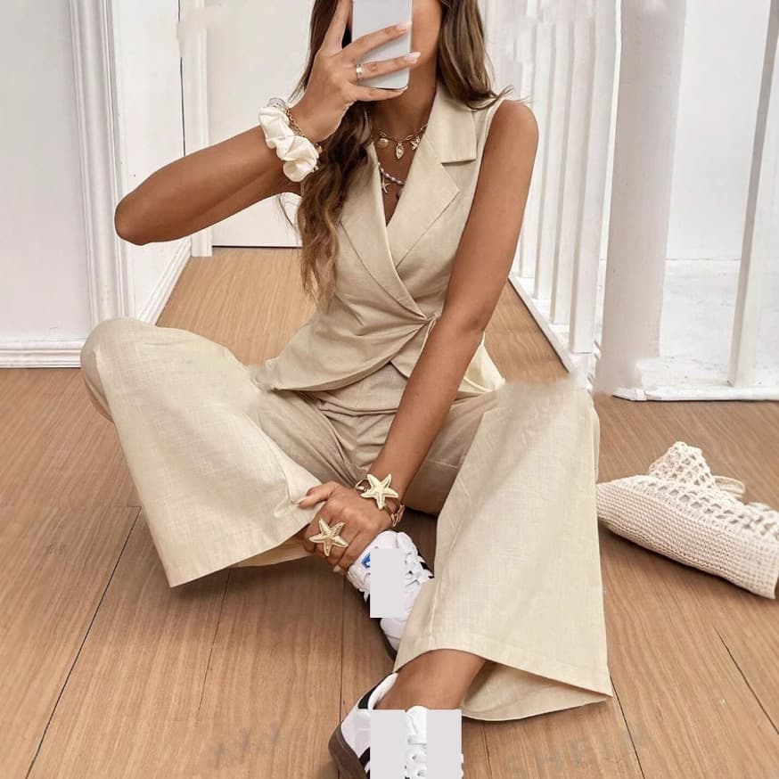 New 2025 Spring/Summer Cross-Border Fashion Set European-American Apricot Lace-Up Vest Top and Long Pants 100% Cotton Commuter Women's Wear