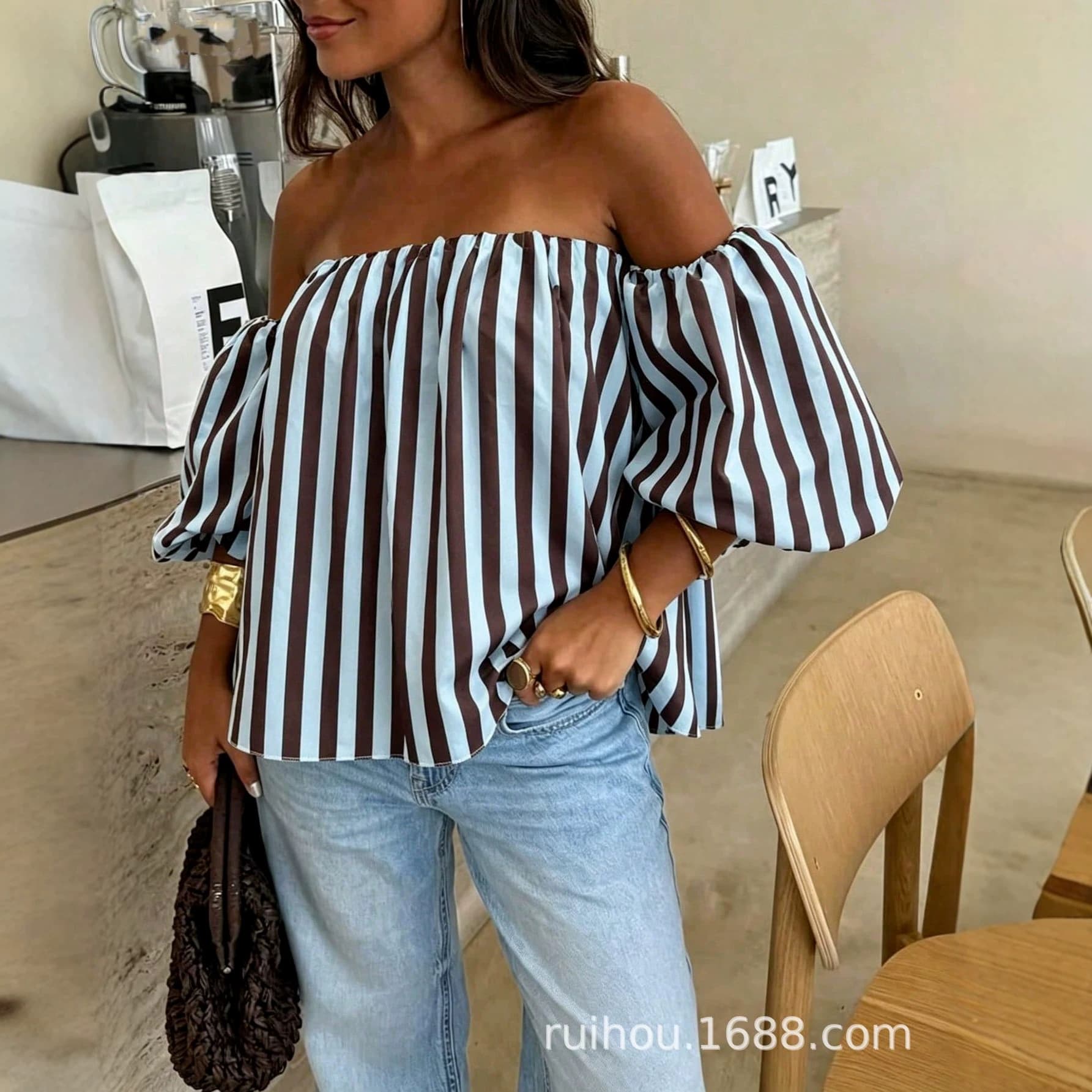 Cross-border 2026 Summer New Contrast Stripe Off-Shoulder Short Sleeve Elastic Bardot Neckline Retro Casual Top