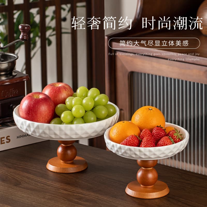 Minimalist Pedestal Fruit Bowl, Solid Wood Round Tray for Dried Fruits, Cake Stand, Dessert Plate, Light Luxury Decoration