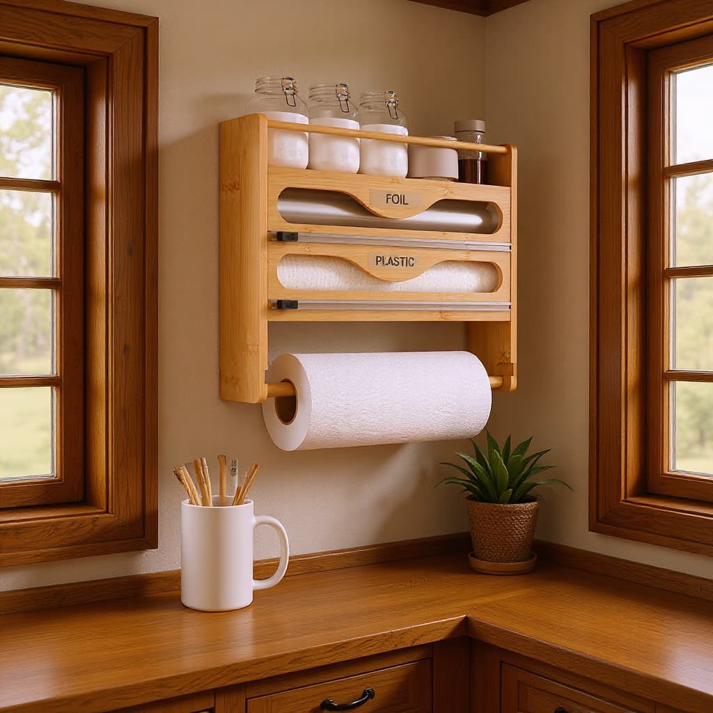 New Kitchen Storage Cling Film Cutter Wall-Mounted Foil Wrap Cutting Box Bamboo Organizer