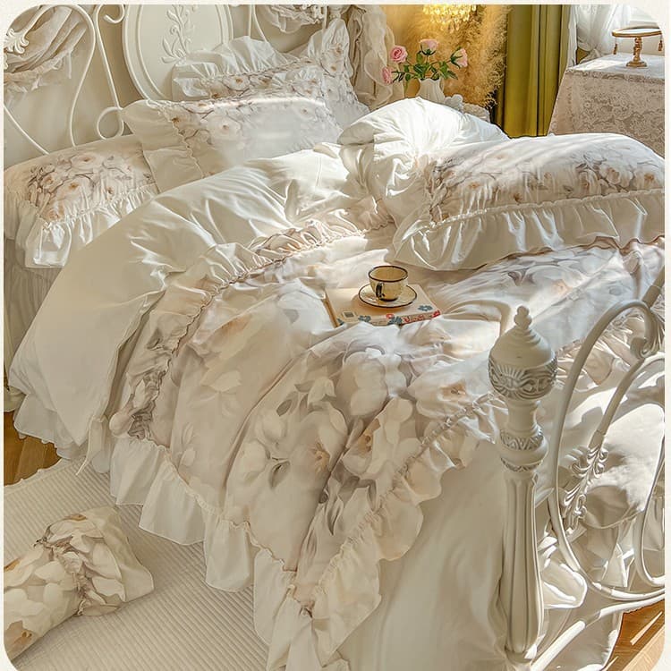 French retro cotton bed skirt style four-piece princess style pure cotton lotus leaf lace pastoral print quilt cover for girls