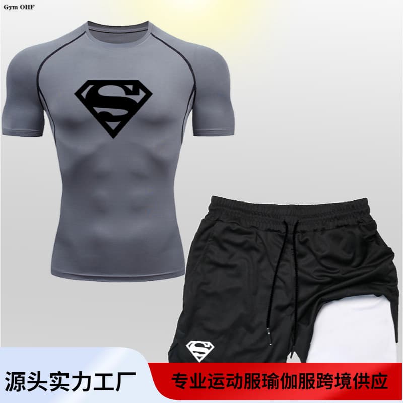 Cross-Border Men's Double-Layer Shorts Short-Sleeve Set Gym Training Wear Casual Summer Two-Piece Printed Superman