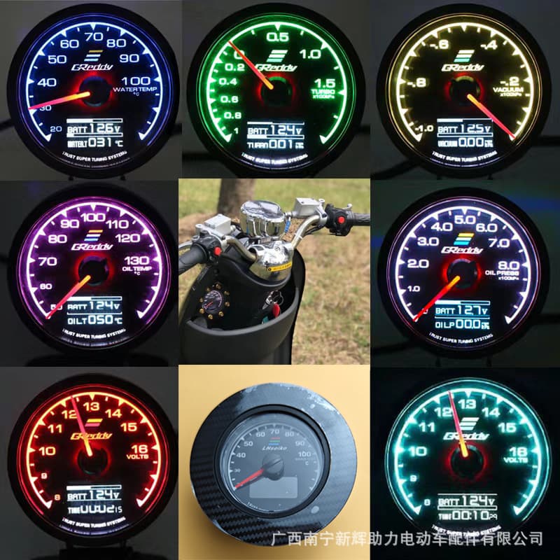 Electric motorcycle water temperature gauge and voltmeter, seven-color adjustable, 10-105V, for testing temperatures from -30 degrees Celsius to +105 degrees Celsius. Order now.