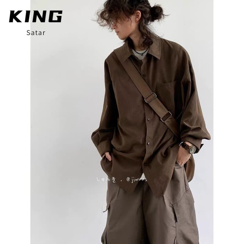 Spring/Autumn Japanese Retro Solid Color Long-Sleeve Shirt Men, Hong Kong Style Versatile College Loose Casual Workwear Shirt