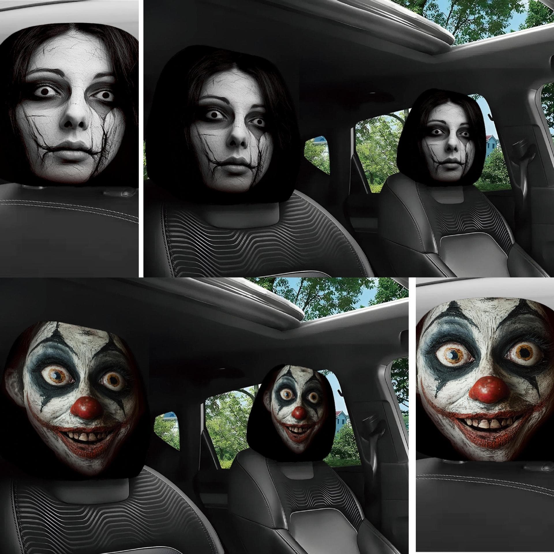 Cross-Border Export Double-Sided Printed Car Headrest Cover, Halloween Horror Clown Skull Funny Creative Decoration
