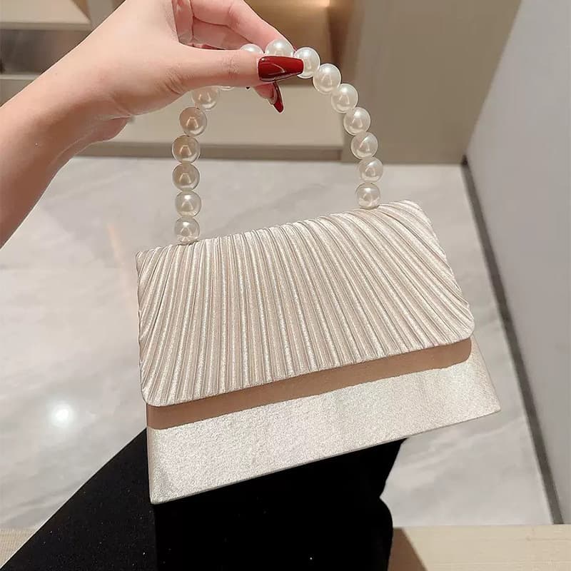 New Satin Evening Bag with Pearl Chain Handle, Elegant Pleated Flap Clutch, Chic Small Square Bag for Formal Dresses