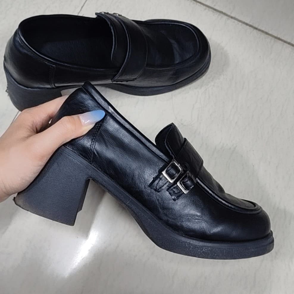 Petite Chunky Heel Height-Increasing Commuter British Leather Shoes Slip-On Loafers Black High Heel Belt Buckle Loafer